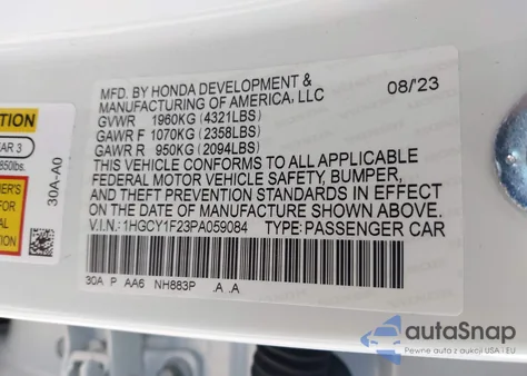 2023 Honda Accord Lx z USA, uszkodzony, nr VIN 1HGCY1F23PA059084